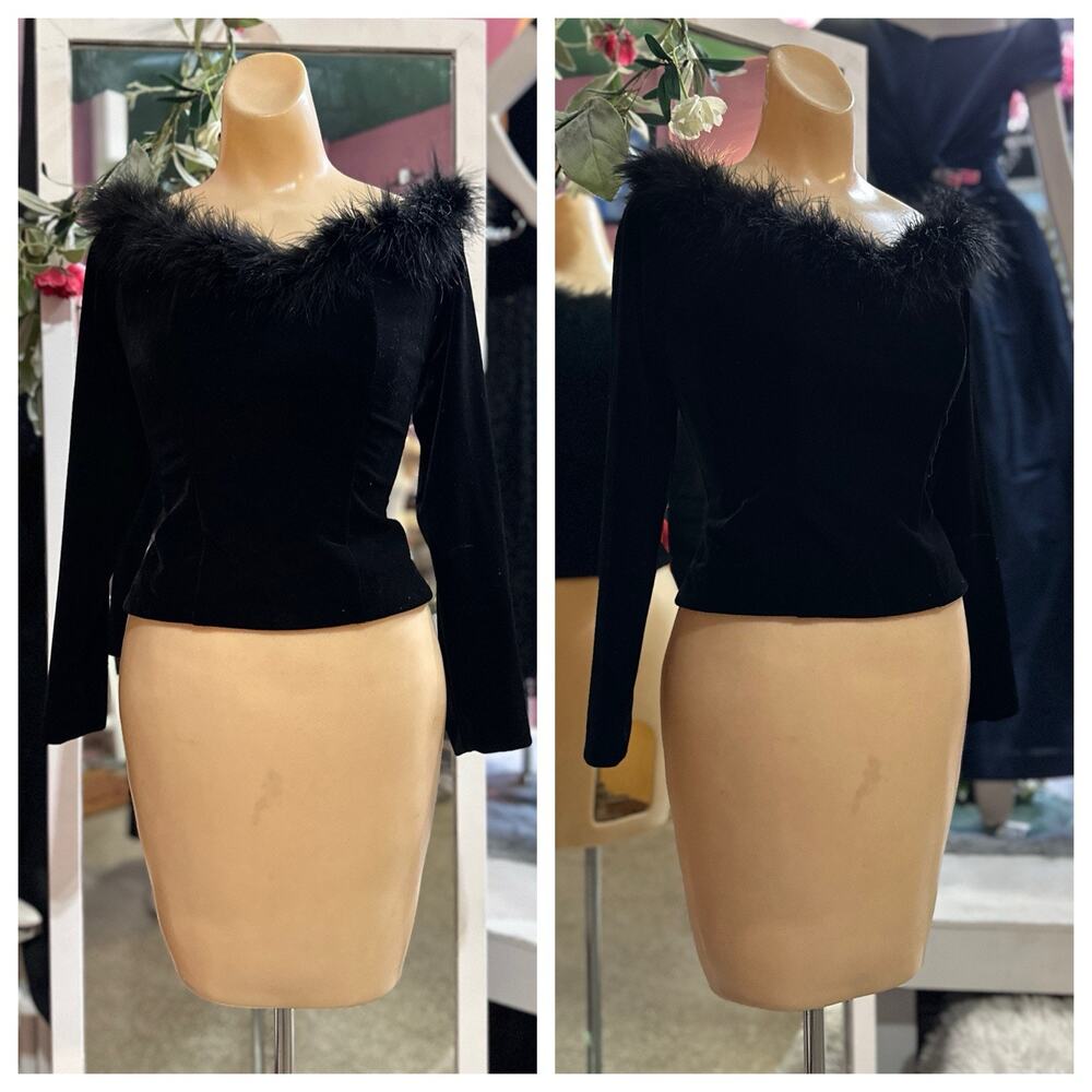 Vintage 90s Corset Top Black Velvet Feather Trim Whimsy Goth Victorian S/M